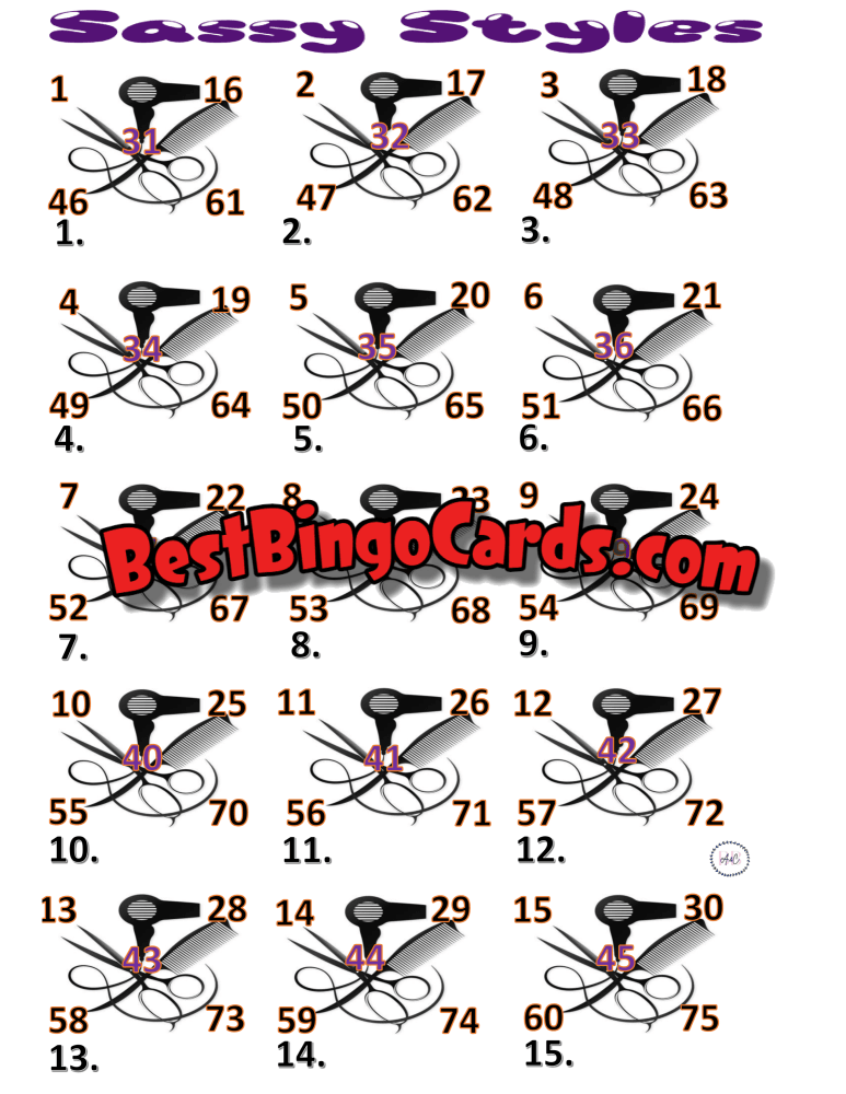 Bingo Boards 1-15 Player Picture - Sassy Styles Straight Mixed 75 Ball Sets