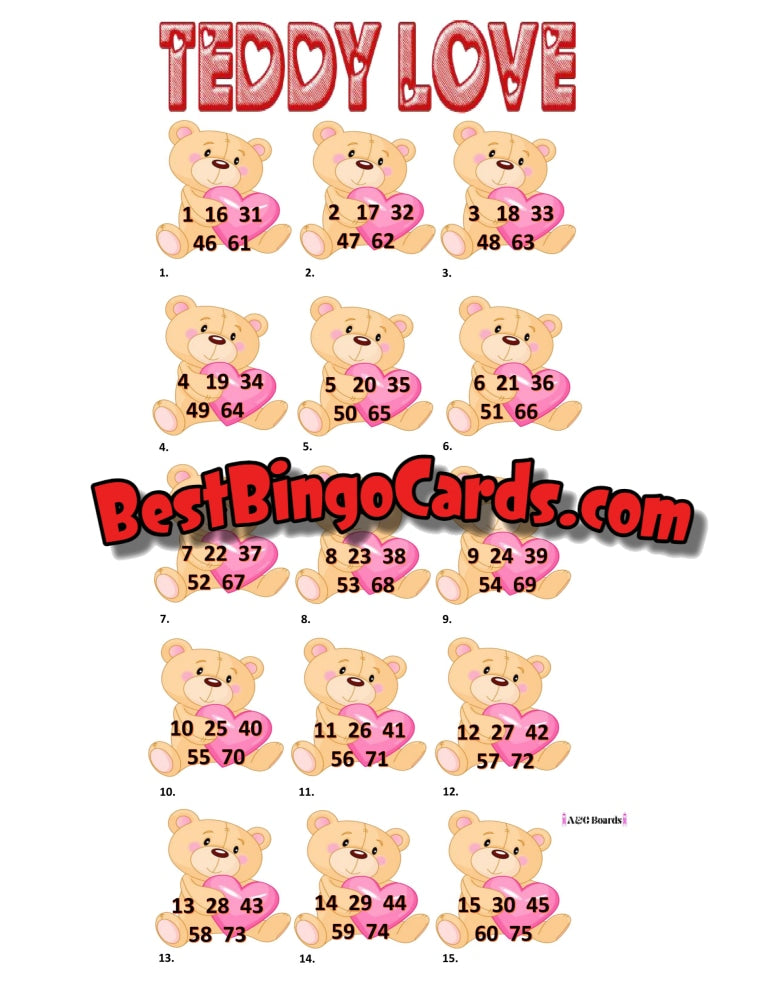 Bingo Boards 1-15 Player Picture - Teddy Love Straight Mixed 75 Ball Sets