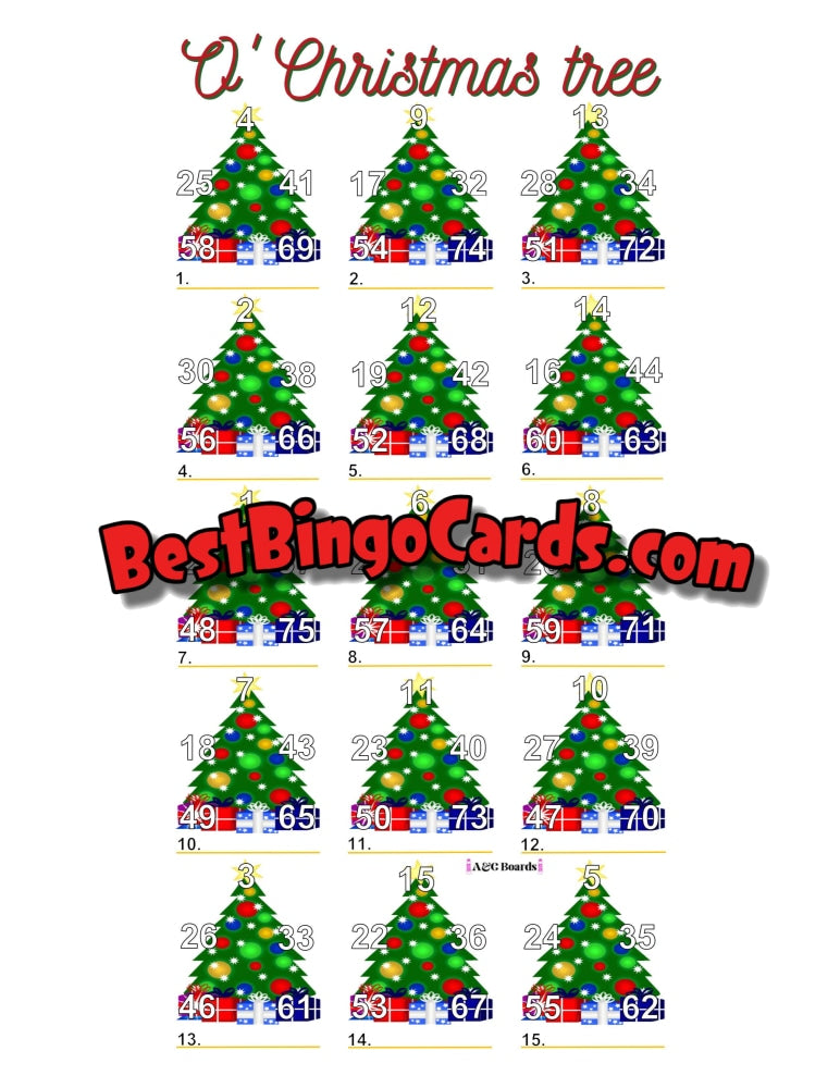 Bingo Boards 1-15 Players Picture Houdini - O Christmas Tree Straight And Mixed 75 Ball