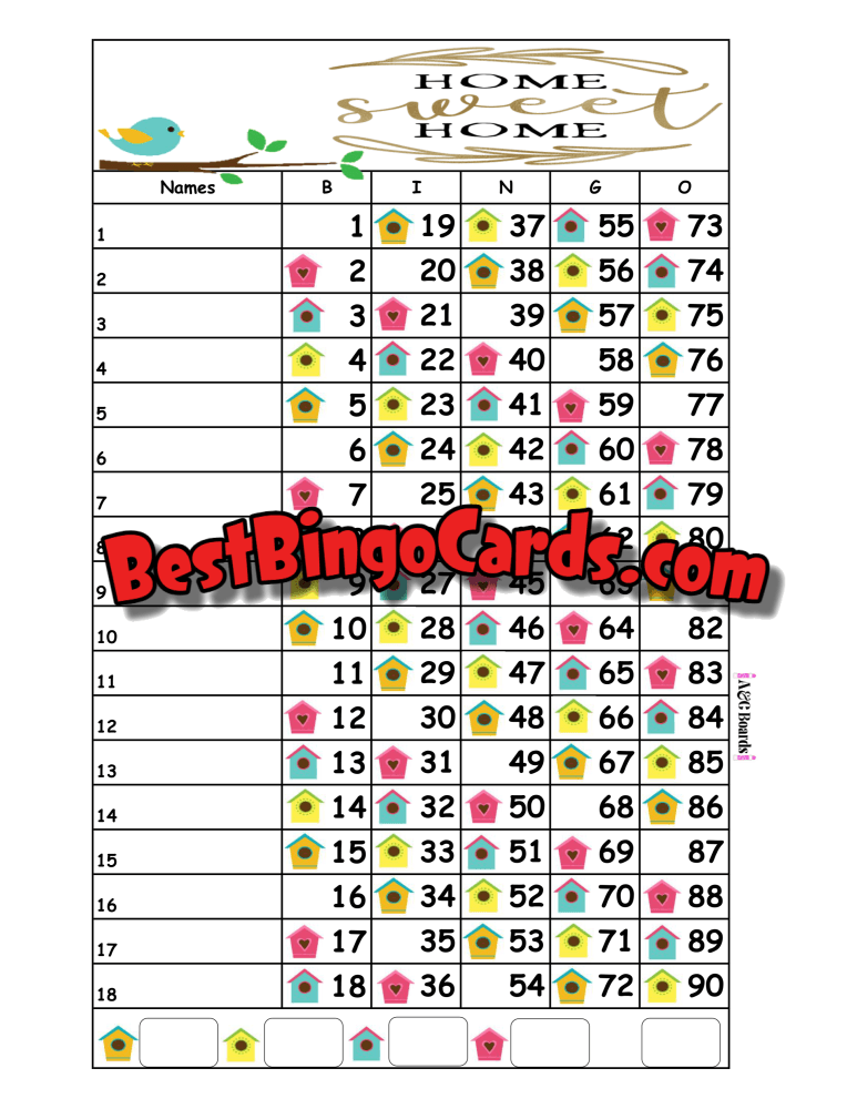 Bingo Boards 1-18 Line - Home Sweet Straight Mixed 90 Ball Sets