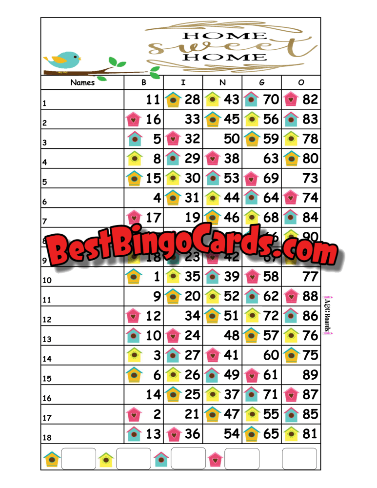 Bingo Boards 1-18 Line - Home Sweet Straight Mixed 90 Ball Sets