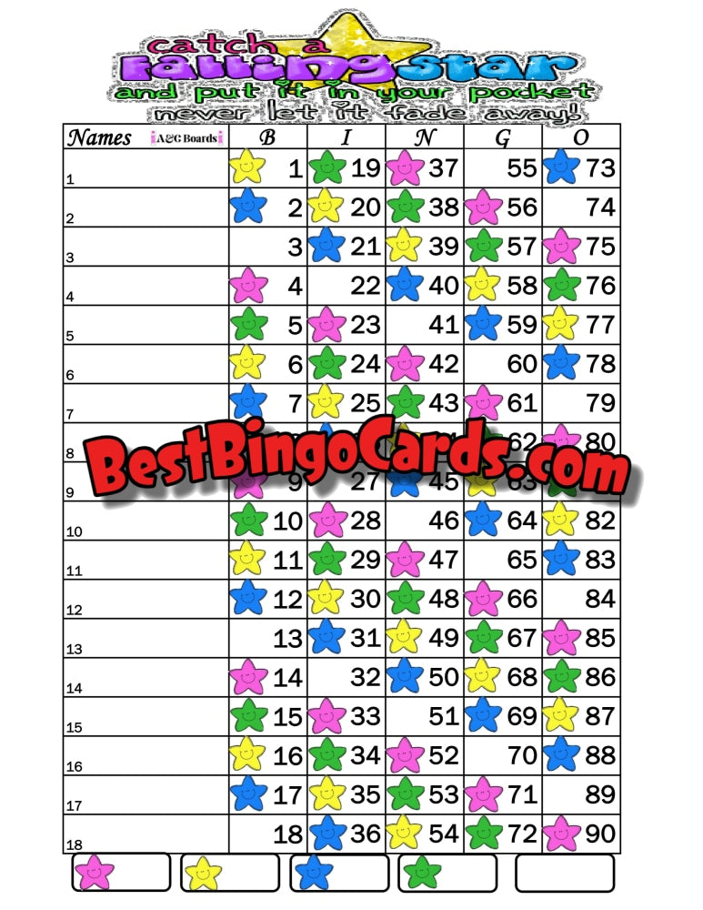 Bingo Boards 1-18 Lines - Falling Star Straight Mixed 90 Ball Sets