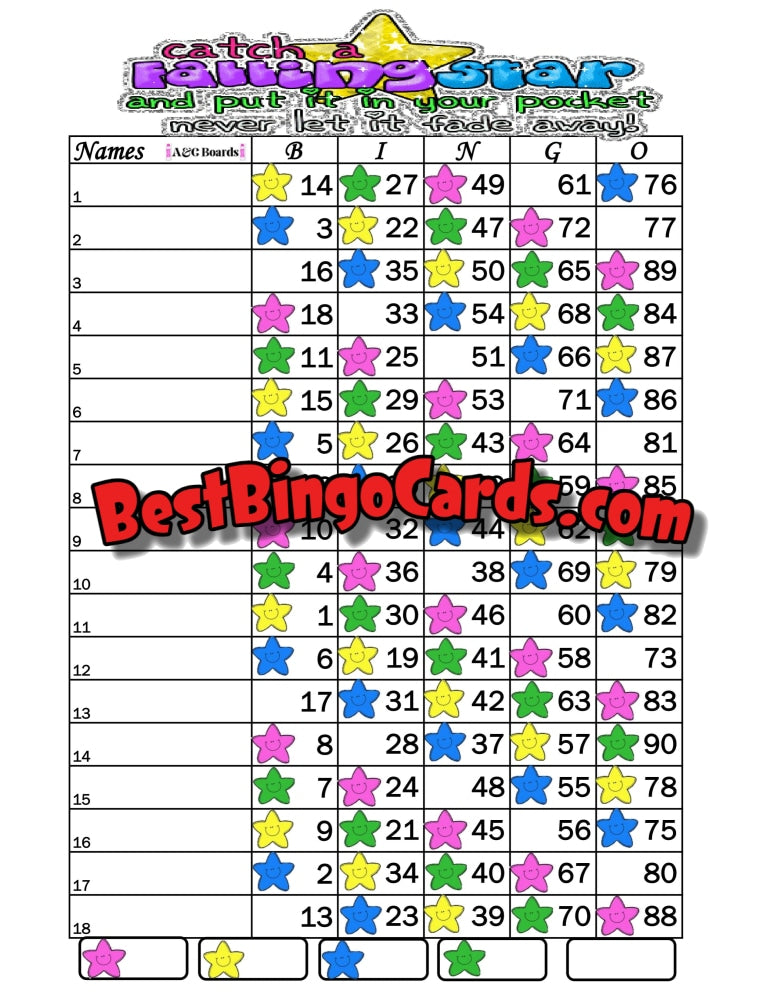 Bingo Boards 1-18 Lines - Falling Star Straight Mixed 90 Ball Sets