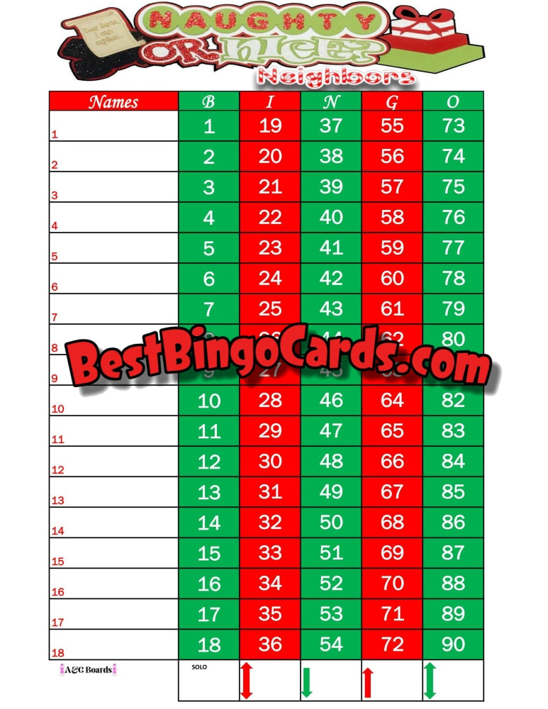 Bingo Boards 1-18 Lines - Naughty Or Nice Neighbors Straight Mixed 90 Ball Sets
