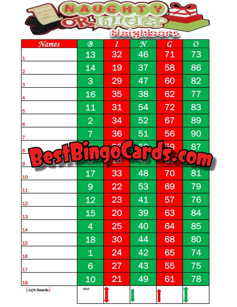 Bingo Boards 1-18 Lines - Naughty Or Nice Neighbors Straight Mixed 90 Ball Sets