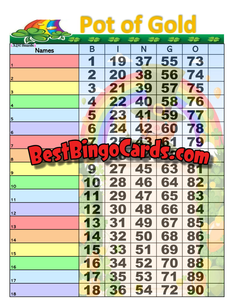 Bingo Boards 1-18 Lines - Pot Of Gold Straight Mixed 90 Ball Sets