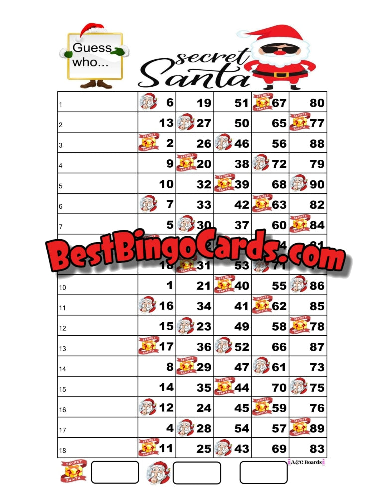 Bingo Boards 1-18 Lines - Secret Santa Straight And Mixed 90 Ball