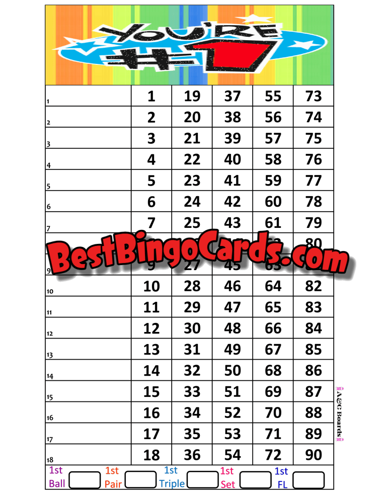 Bingo Boards 1-18 Lines - Youre Number One Straight Mixed 90 Ball Sets