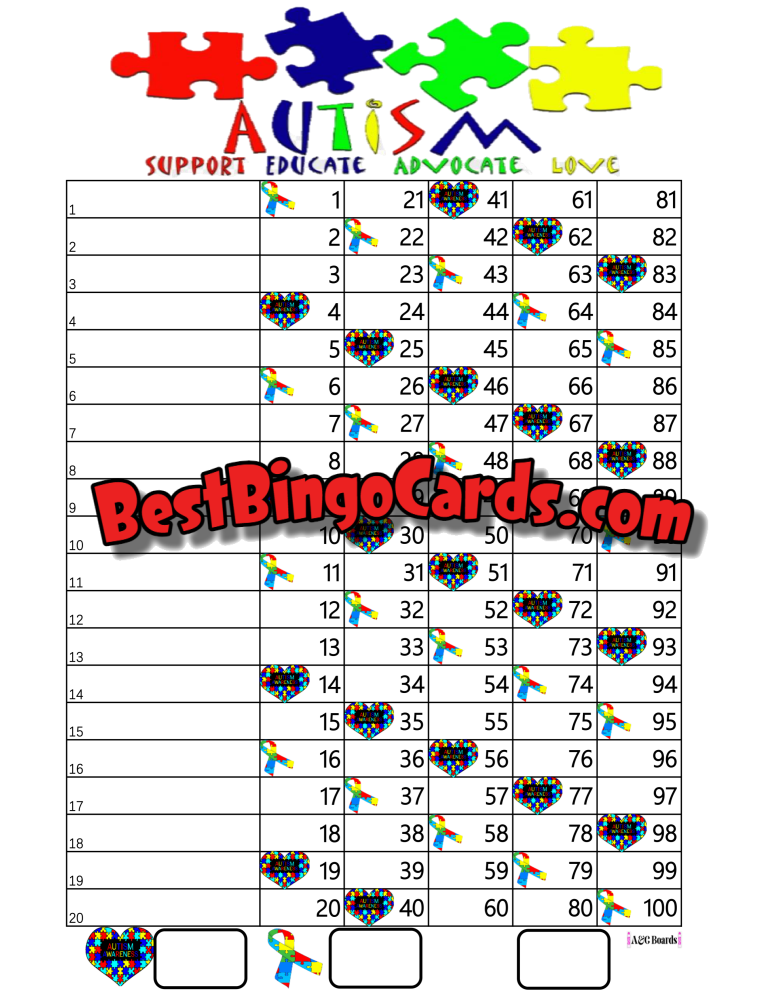 Bingo Boards 1-20 Line - Autism Awareness Straight Mixed 100 Ball Sets