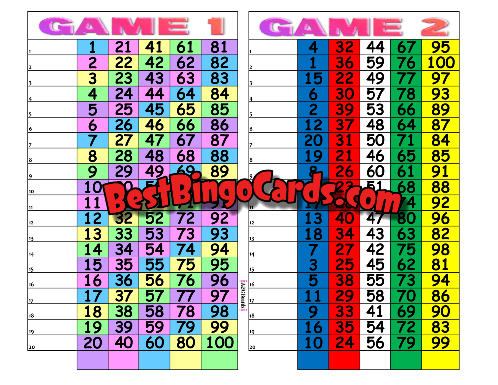 Bingo Boards 1-20 Line Double - Game 1 And 2 Straight Mixed 100 Ball Sets