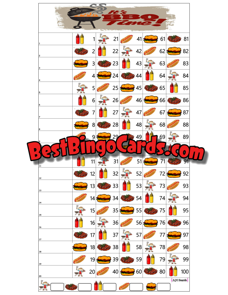 Bingo Boards 1-20 Lines - Bbq Time Straight Mixed 100 Ball Sets