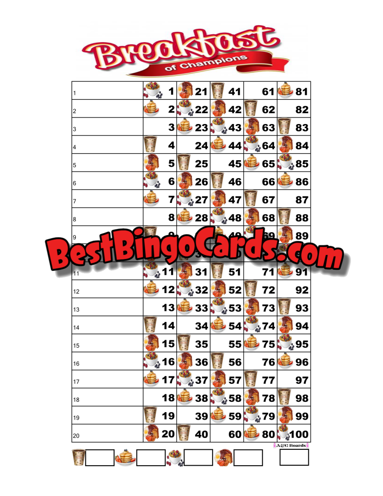 Bingo Boards 1-20 Lines - Breakfast Of Champions Straight Mixed 100 Ball Sets