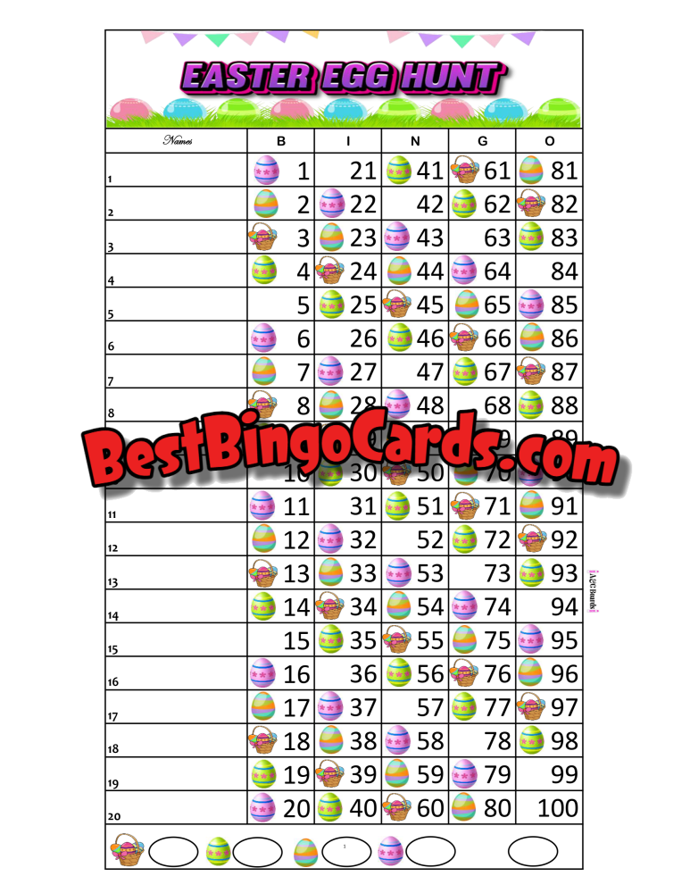 Bingo Boards 1-20 Lines - Easter Egg Hunt Straight Mixed 100 Ball Sets
