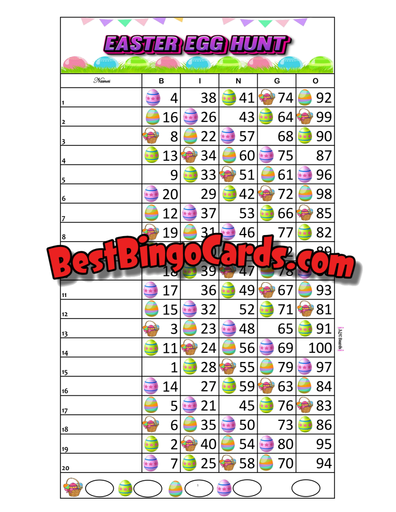 Bingo Boards 1-20 Lines - Easter Egg Hunt Straight Mixed 100 Ball Sets