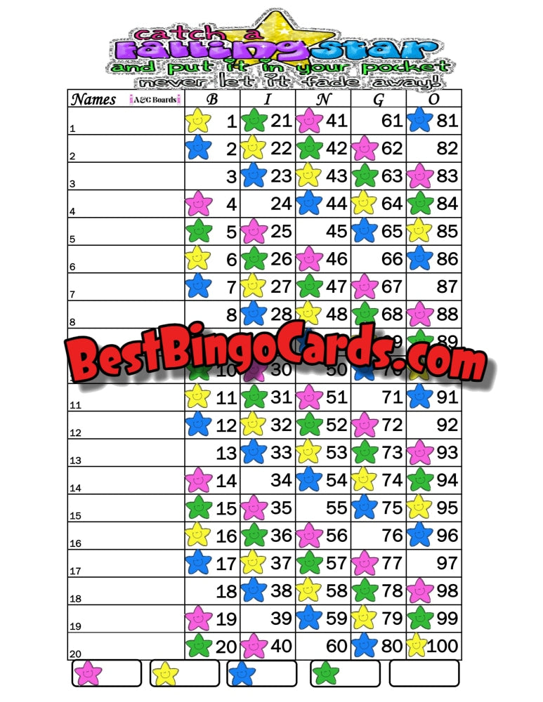 Bingo Boards 1-20 Lines - Falling Star Straight Mixed 100 Ball Sets
