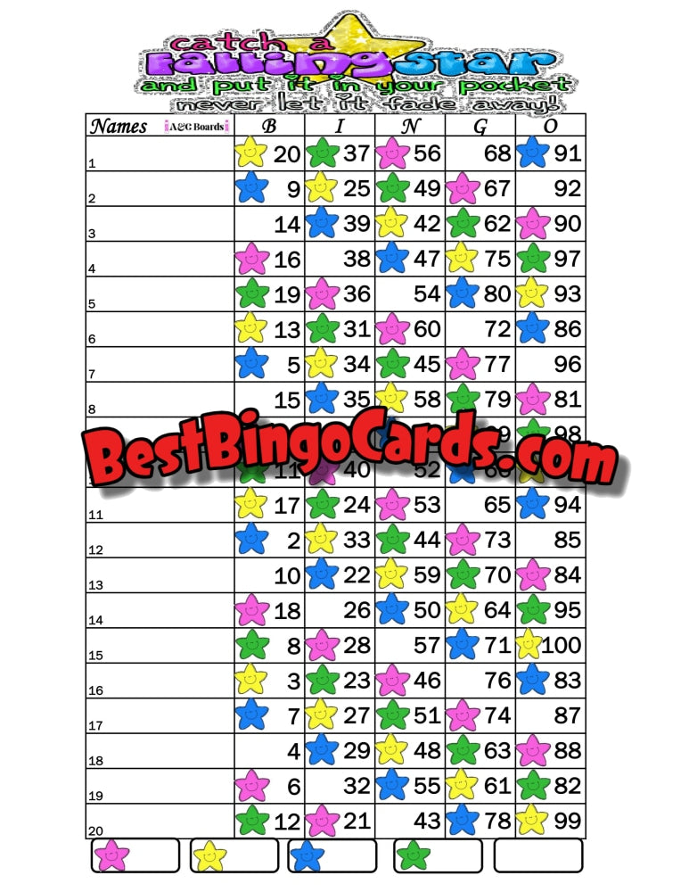 Bingo Boards 1-20 Lines - Falling Star Straight Mixed 100 Ball Sets