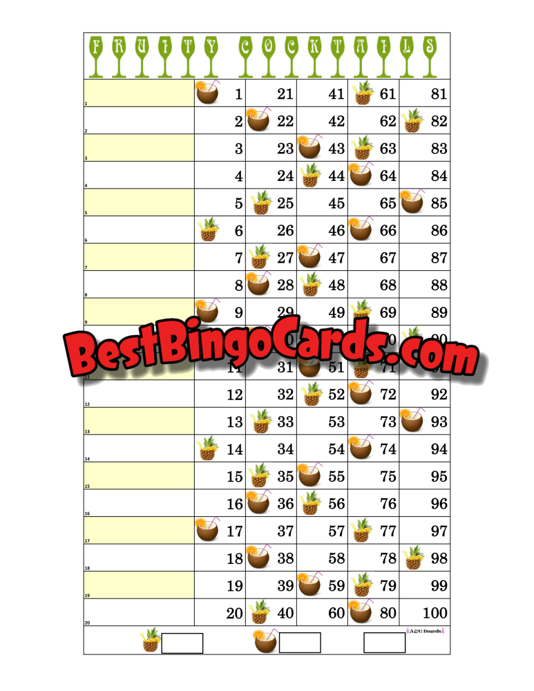 Bingo Boards 1-20 Lines - Fruity Cocktails Straight Mixed 100 Ball Sets