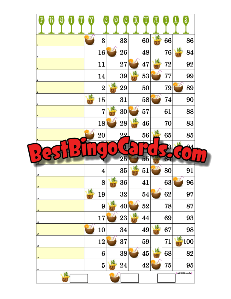 Bingo Boards 1-20 Lines - Fruity Cocktails Straight Mixed 100 Ball Sets