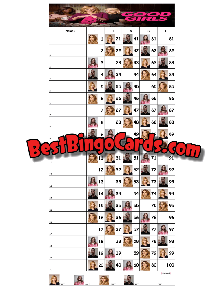 Bingo Boards 1-20 Lines - Good Girls Straight Mixed 100 Ball Sets