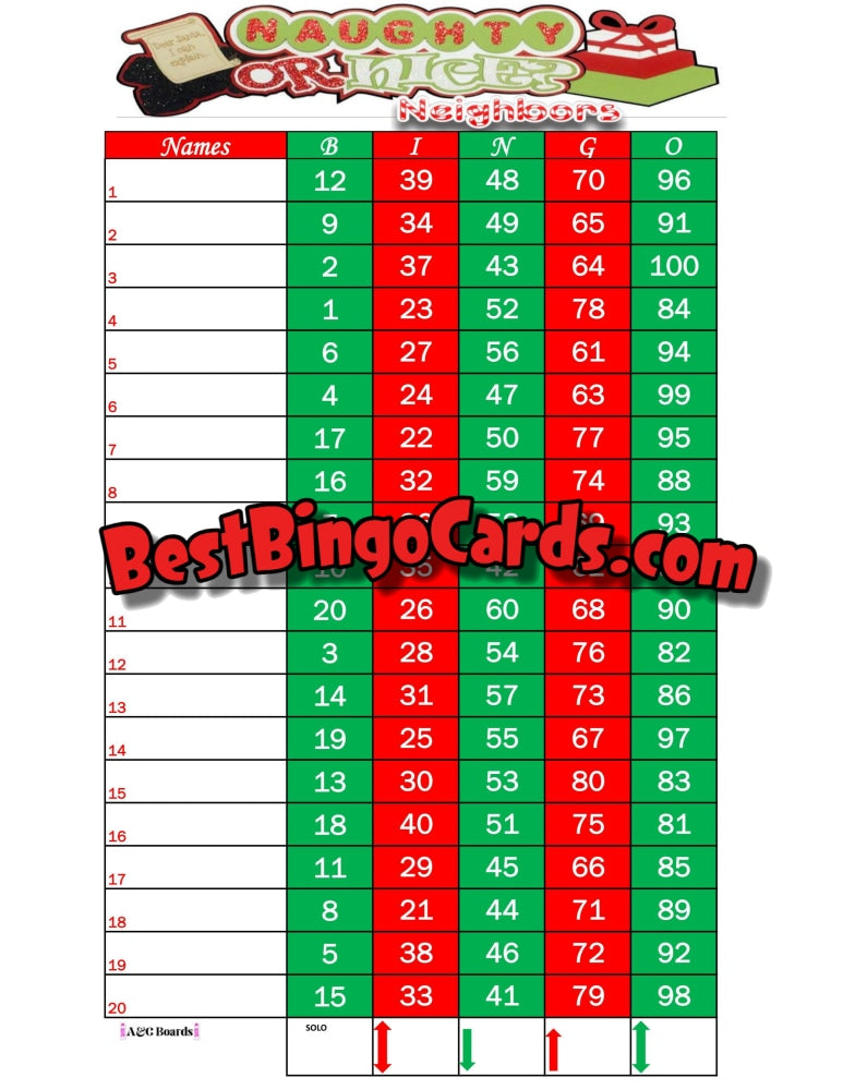 Bingo Boards 1-20 Lines - Naughty Or Nice Neighbors Straight Mixed 100 Ball Sets