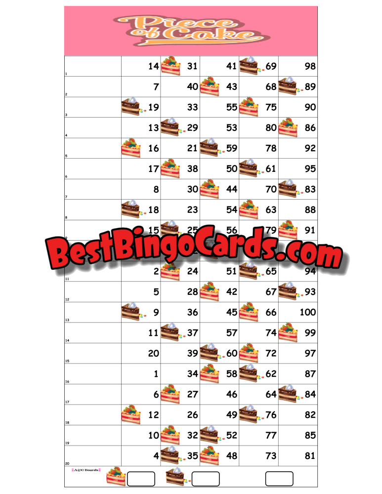 Bingo Boards 1-20 Lines - Piece Of Cake Straight Mixed 100 Ball Sets