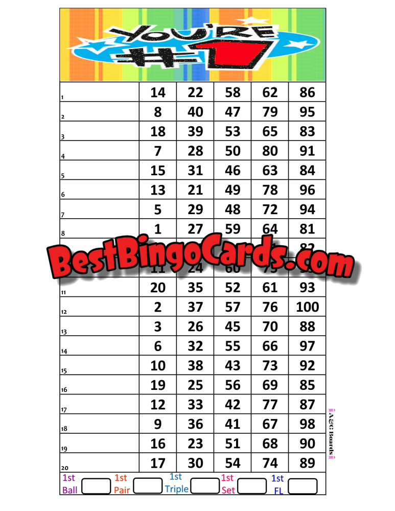 Bingo Boards 1-20 Lines - Youre Number One Straight Mixed 100 Ball Sets