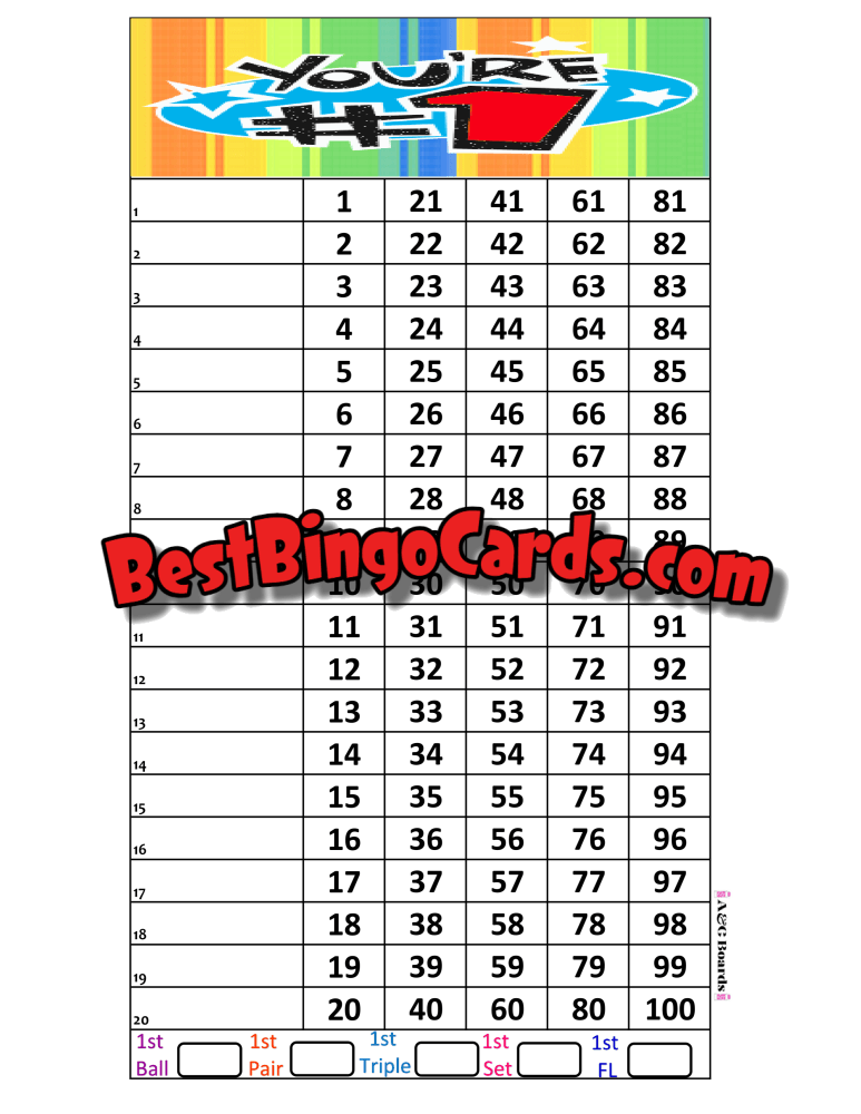 Bingo Boards 1-20 Lines - Youre Number One Straight Mixed 100 Ball Sets