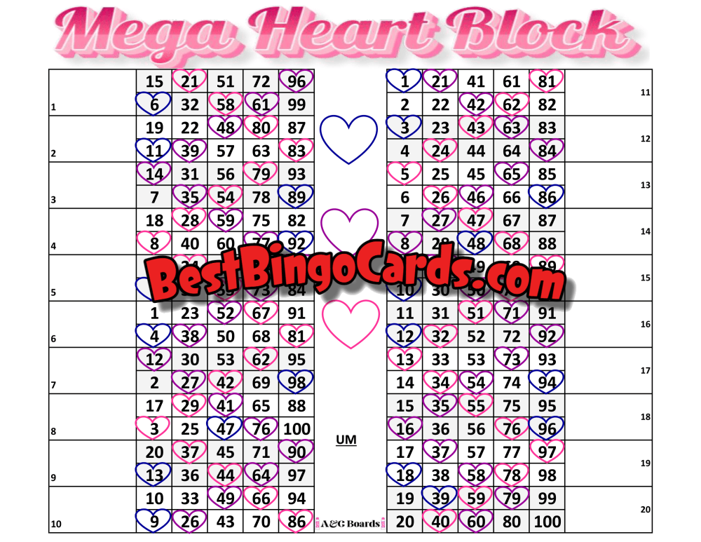 Bingo Boards 1-20 Player Block - Mega Heart Mixed 100 Ball Sets