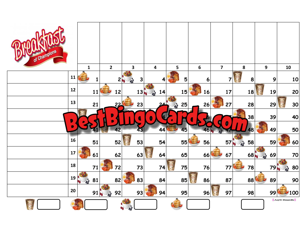 Bingo Boards 1-20 Player Grid - Breakfast Of Champions Straight Mixed 100 Ball Sets