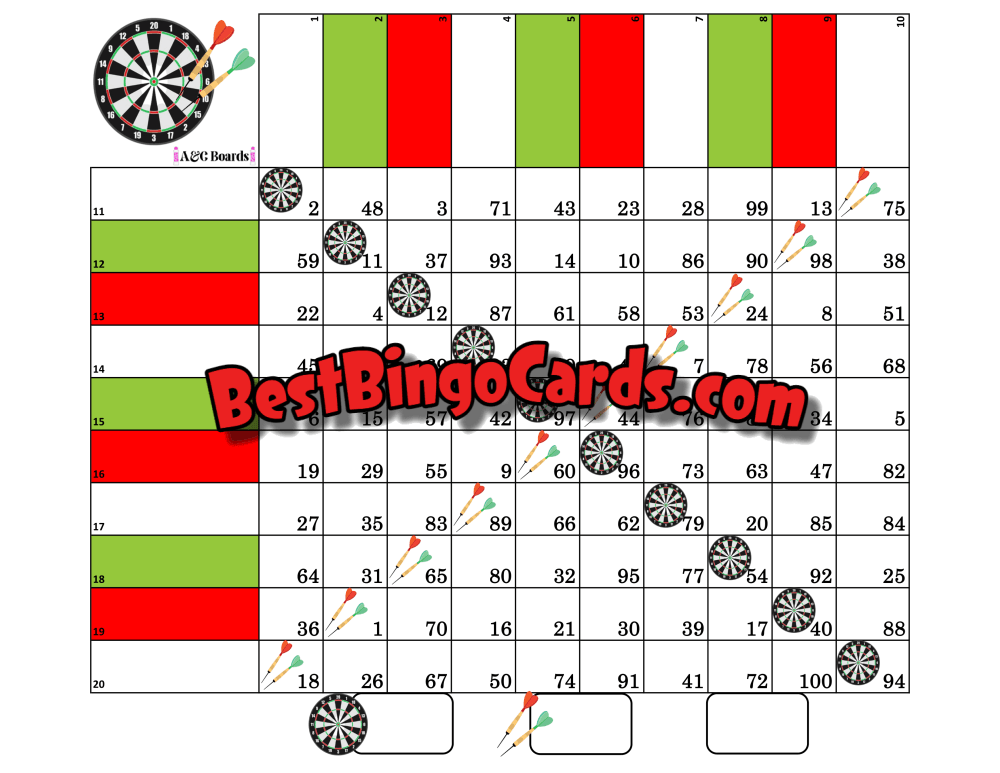 Bingo Boards 1-20 Player Grid - Dart Straight Mixed 100 Ball Sets