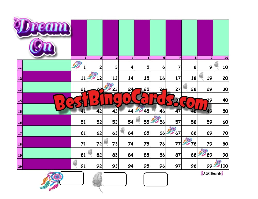 Bingo Boards 1-20 Lines Grid - Dream On Straight Mixed 100 Ball Sets