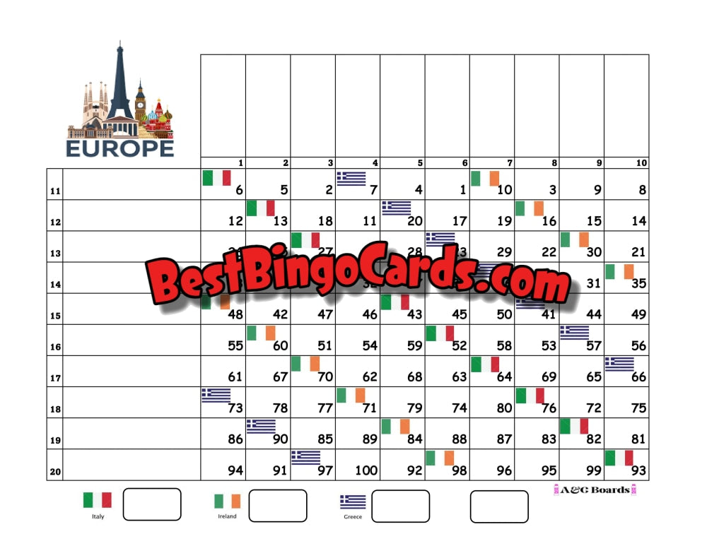 Bingo Boards 1-20 Player Grid - Europe Straight Mixed 100 Ball Sets