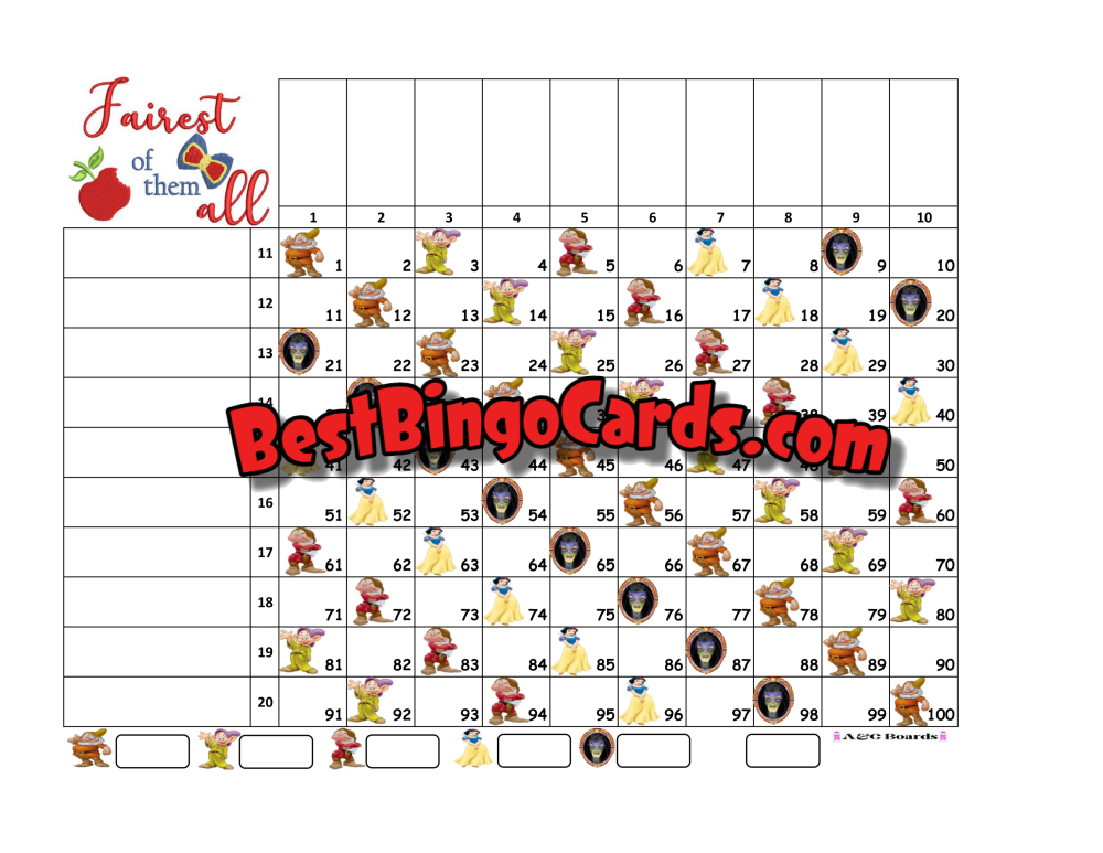 Bingo Boards 1-20 Player Grid - Fairest Of Them All Straight Mixed 100 Ball Sets