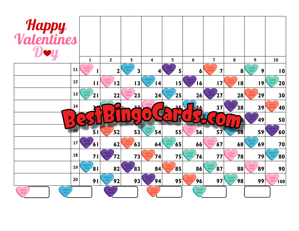 Bingo Boards 1-20 Player Grid - Happy Valentines Day Straight Mixed 100 Ball Sets