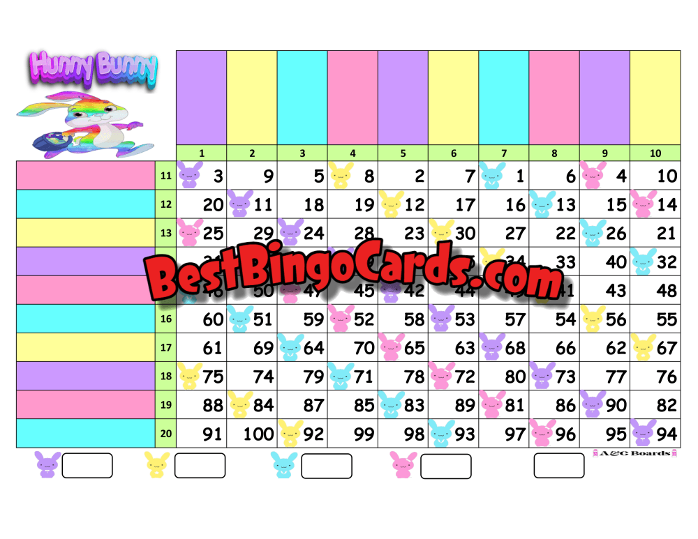 Bingo Boards 1-20 Player Grid - Hunny Bunny Straight Mixed 100 Ball Sets