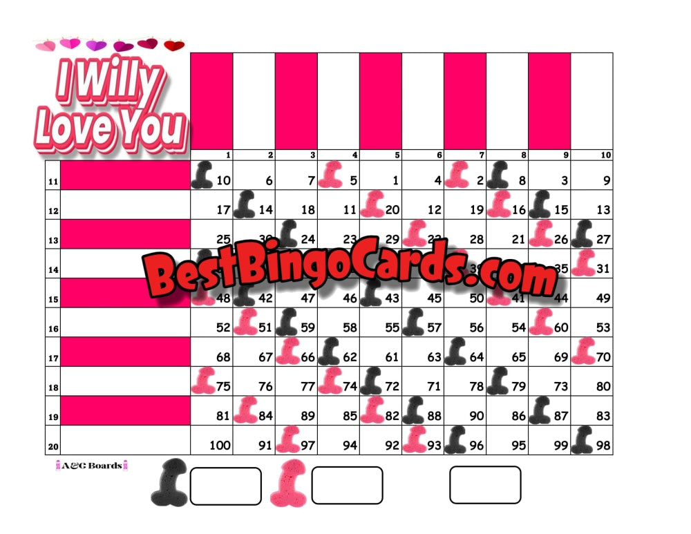 Bingo Boards 1-20 Player Grid - I Willy Love You Straight Mixed 100 Ball Sets