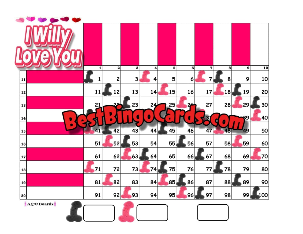 Bingo Boards 1-20 Player Grid - I Willy Love You Straight Mixed 100 Ball Sets
