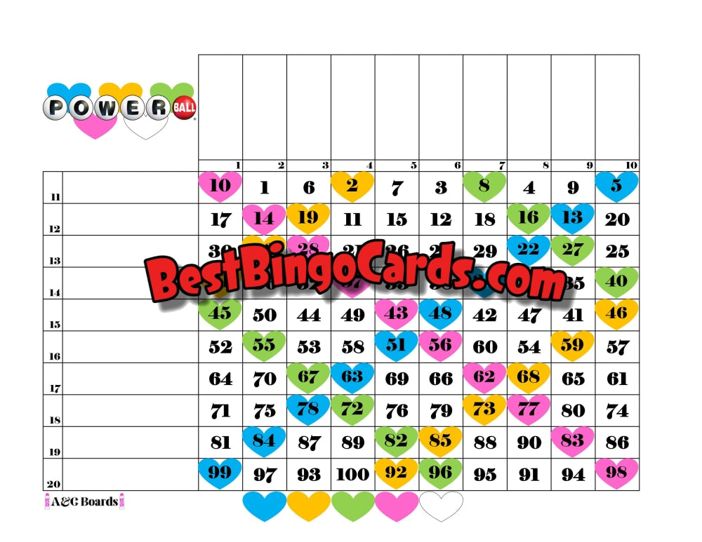 Bingo Boards 1-20 Player Grid - Powerball Hearts Straight Mixed 100 Ball Sets