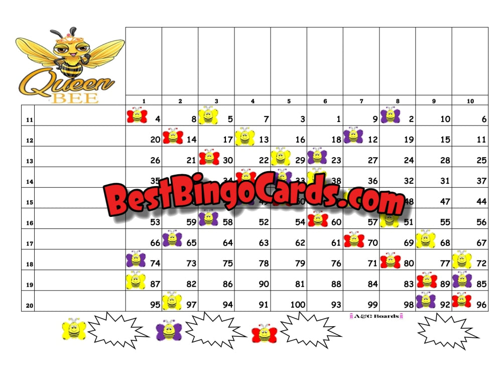 Bingo Boards 1-20 Player Grid - Queen Bee Straight Mixed 100 Ball Sets