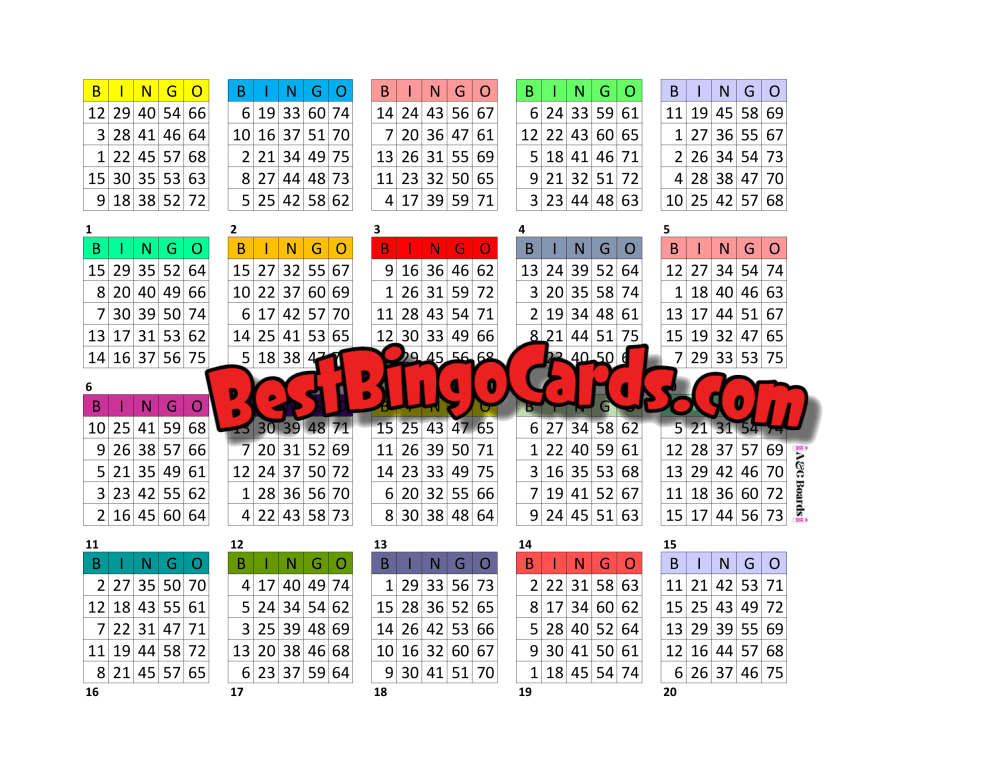 Bingo Boards 1-20 Players - Full Card 20P Mixed 75 Balls Sets