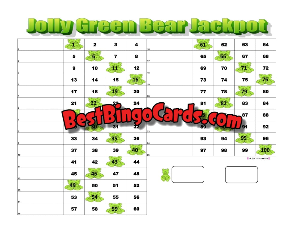 Bingo Boards 1-25 Lines - Jolly Green Bear Jackpot Straight Mixed 100 Ball Sets