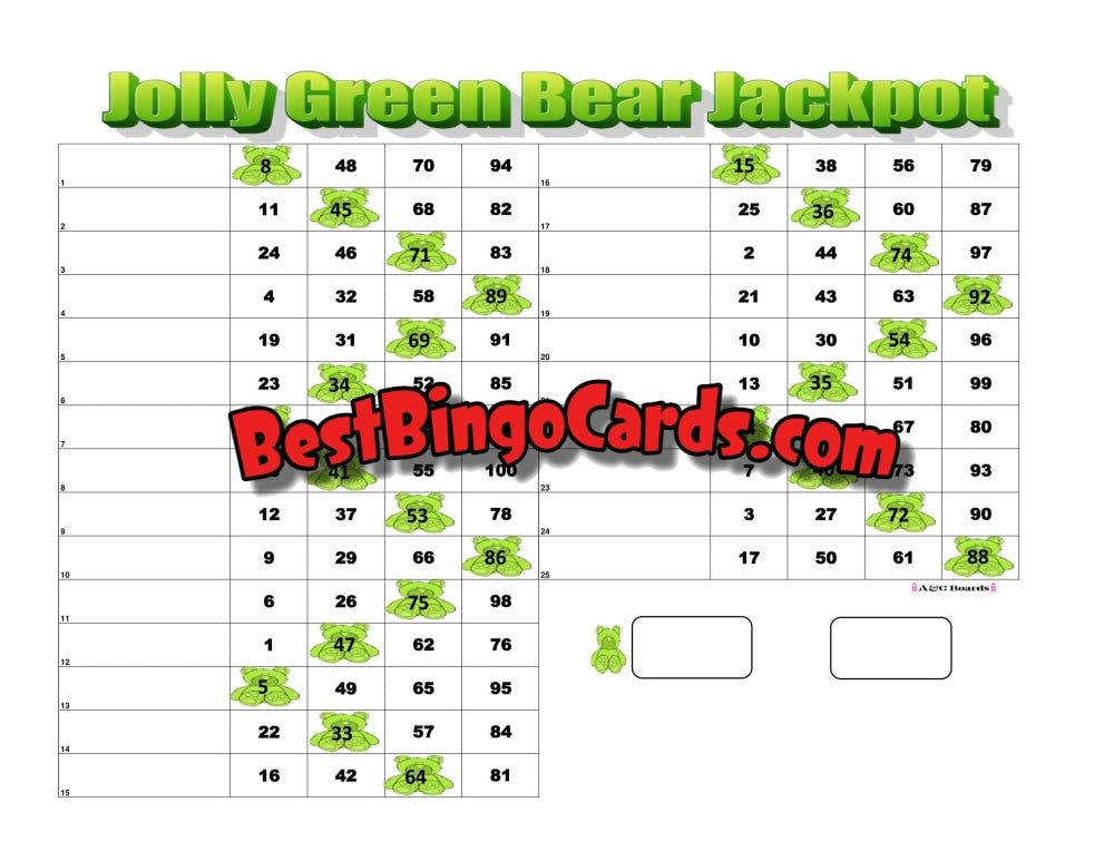 Bingo Boards 1-25 Lines - Jolly Green Bear Jackpot Straight Mixed 100 Ball Sets