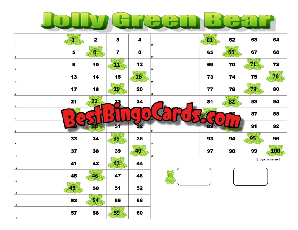 Bingo Boards 1-25 Lines - Jolly Green Bear Straight Mixed 100 Ball Sets