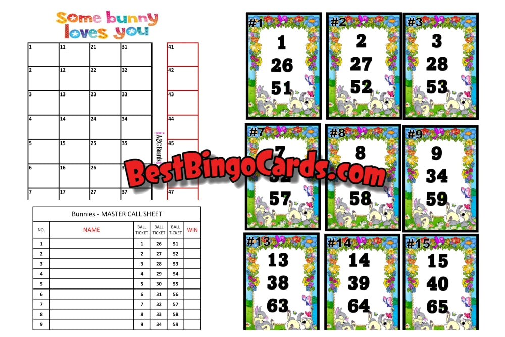 Bingo Boards 1-25 Player Hold - Bunnies Mixed 75 Ball Sets