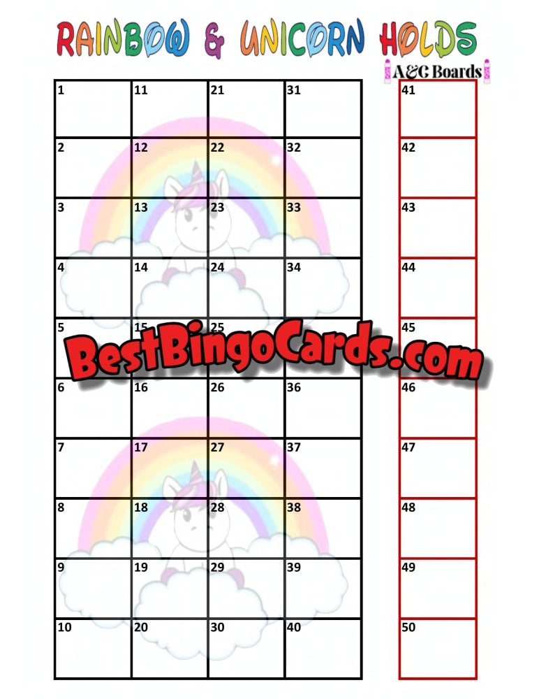 Bingo Boards 1-25 Player Hold - Rainbows And Unicorns 75 Ball Sets