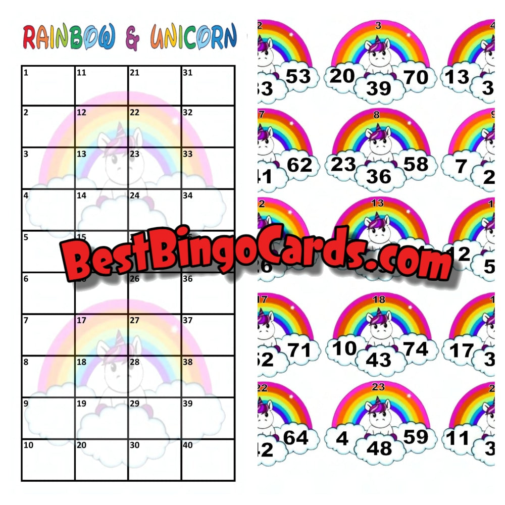 Bingo Boards 1-25 Player Hold - Rainbows And Unicorns 75 Ball Sets