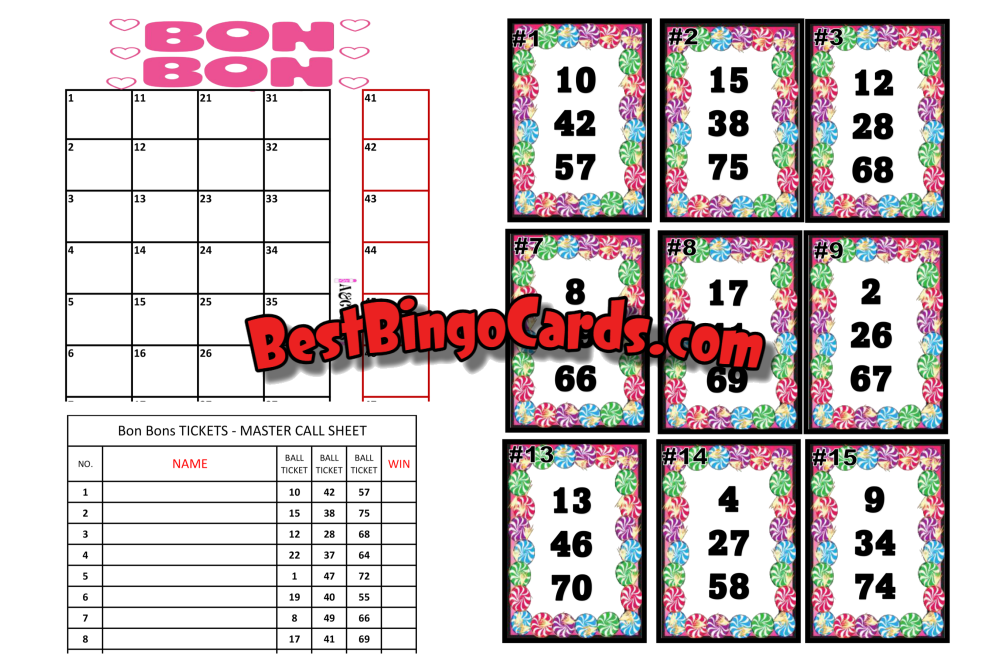 Bingo Boards 1-25 Player Holds - Bon Bons Mixed 75 Ball Sets