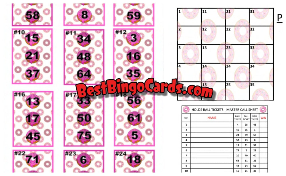 Bingo Boards 1-25 Player Holds - Donuts Mixed 75 Ball Sets
