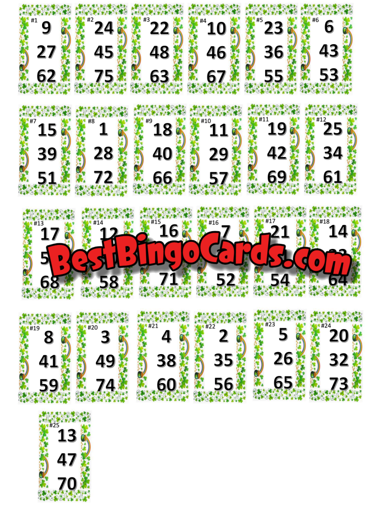 Bingo Boards 1-25 Player Holds - Feeling Lucky Mixed 75 Ball Sets