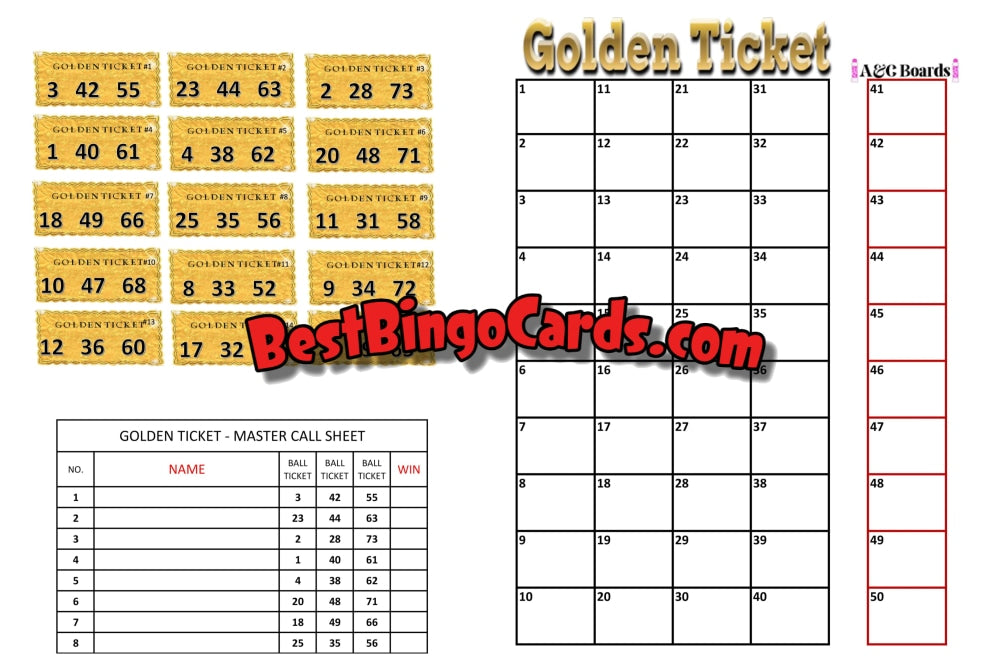 Bingo Boards 1-25 Player Holds - Golden Ticket Mixed 75 Ball Sets